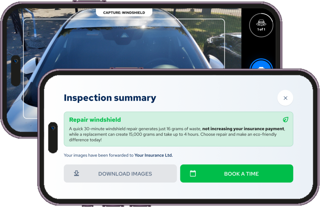 Smartphone screens showing DriveX software interface during a vehicle inspection. The top screen captures a windshield photo, while the lower screen displays an inspection summary recommending a windshield repair for environmental and insurance benefits, with options to download images or book a repair time.