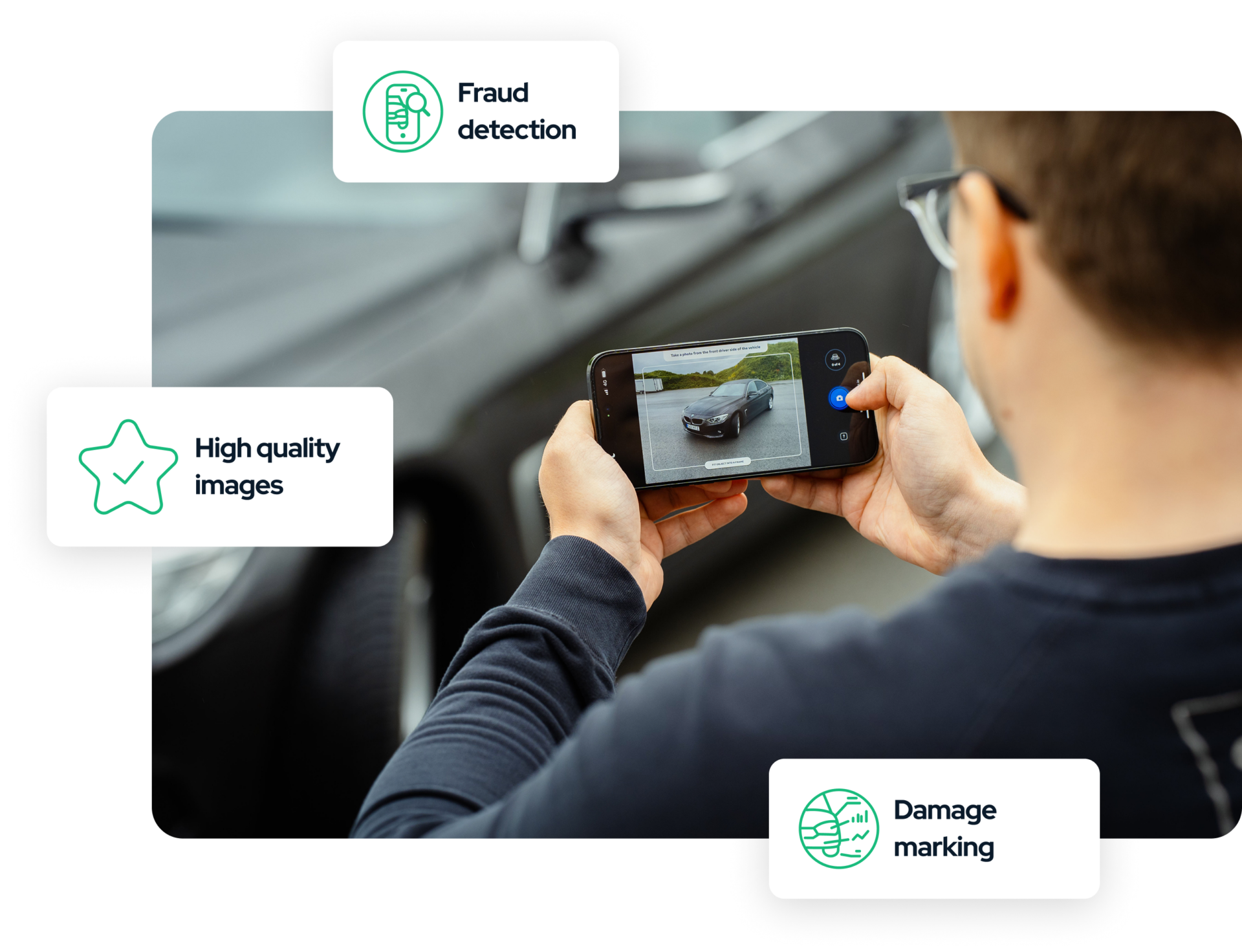 A man taking a photo of a car with DriveX web app. There are highlighted features: fraud detection, high quality images and damage marking.